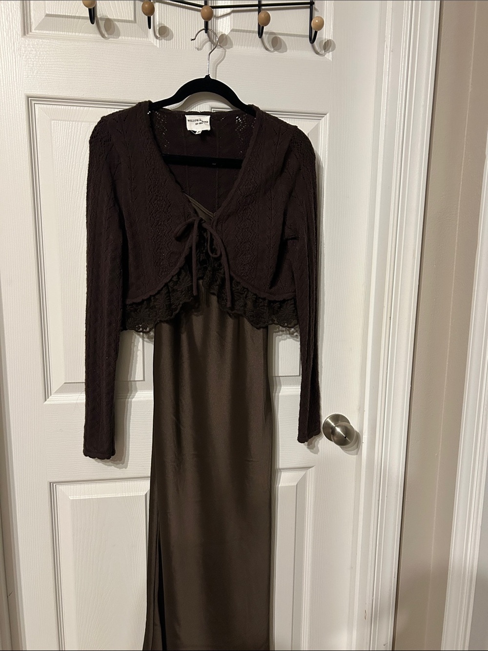 Willow & Wind Brown Slip Dress Lace Knit Cardigan 2 Piece Set Size M